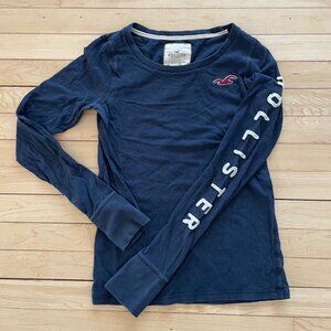 Y2K Hollister Long Sleeve Logo Shirt Navy Blue Embroidered Womens M Indie Sleaze
